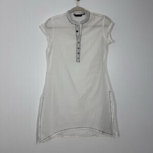 Rangmanch Womens S White Linen Cotton Black Trim Semi Sheer Tunic Lightweight